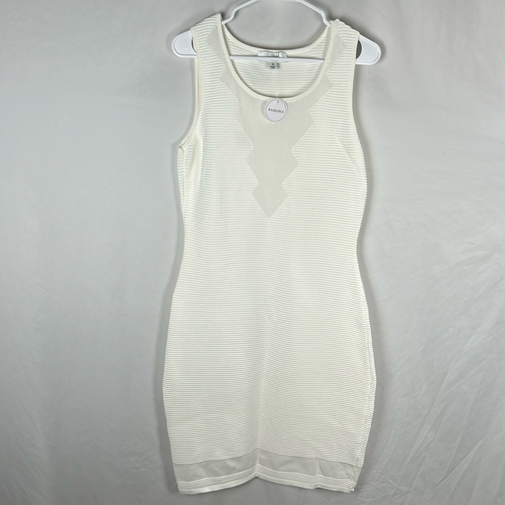 NWT Belle Badgley Mischka Ivory Sleeveless Bodycon Ribbed Sheer Panel Dress Med
